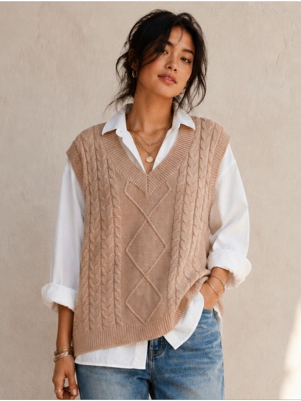 BOUTIQUE CABLE KNIT NEUTRAL TAN BEIGE SWEATER VEST V-NECK COZY SIZE SMALL